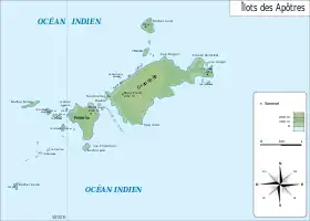 Carte des îlots des Apôtres avec le mont Pierre dans la partie Ouest de Grande île.