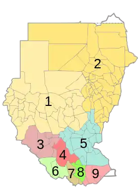 Diocèses du Soudan (1 et 2), et du Soudan du Sud (3 à 9). L'archidiocèse de Djouba est le no&nbsp;8