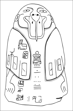 Vue de face de la statuette de Tuxtla. La date de mars 162, exprimée en compte long  (8.6.2.4.17), figure en bas de la partie frontale.