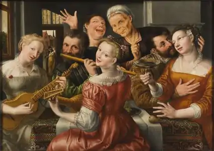 Peinture. Dans un intérieur, un groupe d'hommes et de femmes jouent avec des instruments de musique autour d'une table.