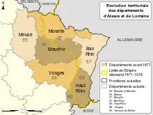 Carte du nord-est de la France montrant la frontière de l'Empire germanique séparant le Haut-Rhin de l'actuel Territoire-de-Belfort, rajoutant deux cantons vosgiens au Bas-Rhin, coupant l'ancien département de la Meurthe en son tiers nord-est et l'ancien département de la Moselle en son quart ouest. Les deux territoires nord-est ont formé le département actuel de la Moselle et ceux du sud-ouest l'actuel département de Meurthe-et-Moselle.