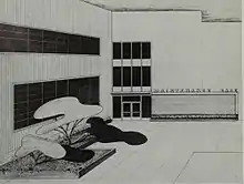 Dessin en noir et blanc d'un parc avec des arbres.