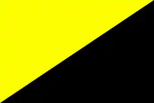 Drapeau coupé en diagonal avec une partie noire et une partie jaune.
