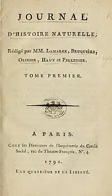 Page de couverture du Journal dʼhistoire naturelle, 1792.