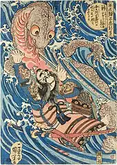 Utagawa Kuniyoshi, Hangami Danjō-no-jō Arakage killing a giant salamander in the Tontagawa river in Izumo Province, 1834-1835