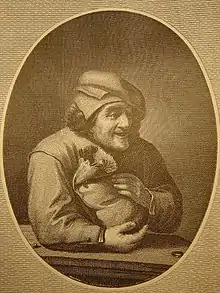 portrait en vignette d'un avare pressant précieusement son sac d'or contre son sein.